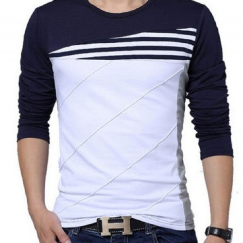 Patchwork O-neck Casual Striped T-shirt Men Long Sleeve Fitness Men